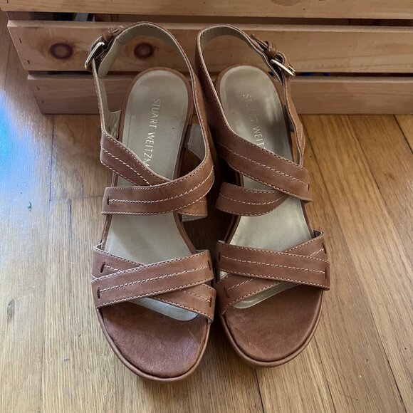 Stuart Weitzman Size 8.5 Brown Leather Strappy Slingback Wedge Heel Sandals - Picture 2 of 16